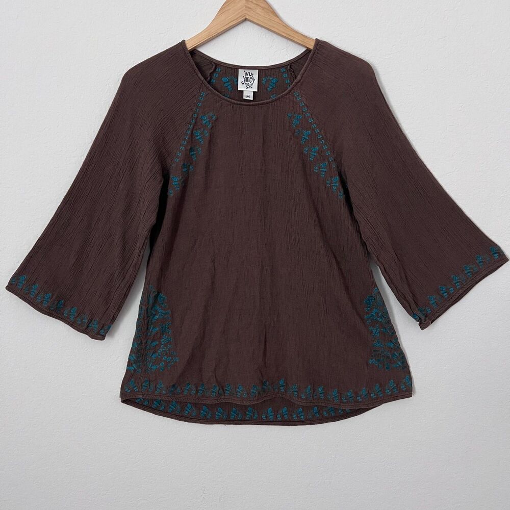 Ivy Jane Women's Brown Floral Embroidered Linen Blend Boho Top Blouse M